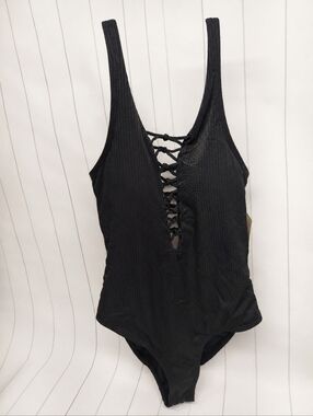YMI Swimwear Black Ribbed Lace-Up One-Piece Swimsuit